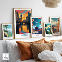 Aberdeen Scotland Cityscape Art Print | Travel Poster displayed among other travel posters in a stylish home setting.