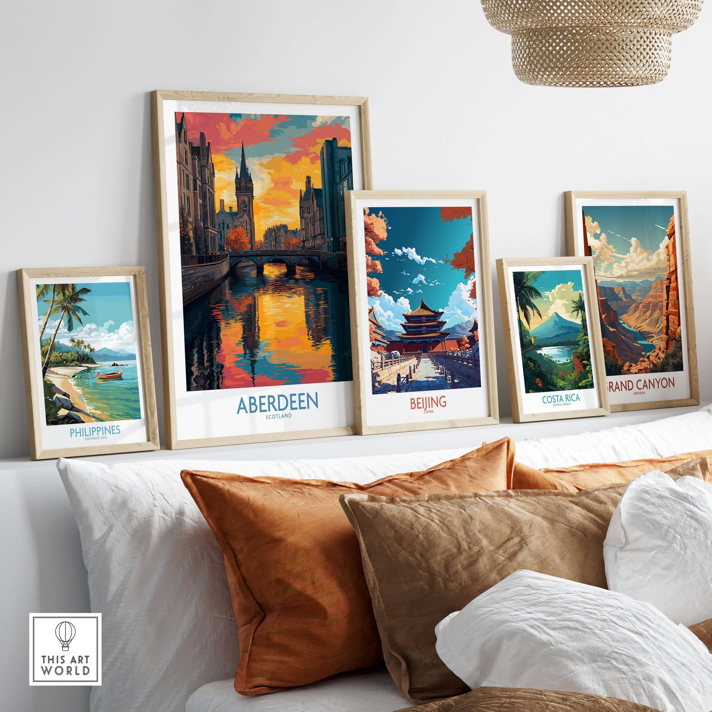 Aberdeen Scotland Cityscape Art Print | Travel Poster displayed among other travel posters in a stylish home setting.