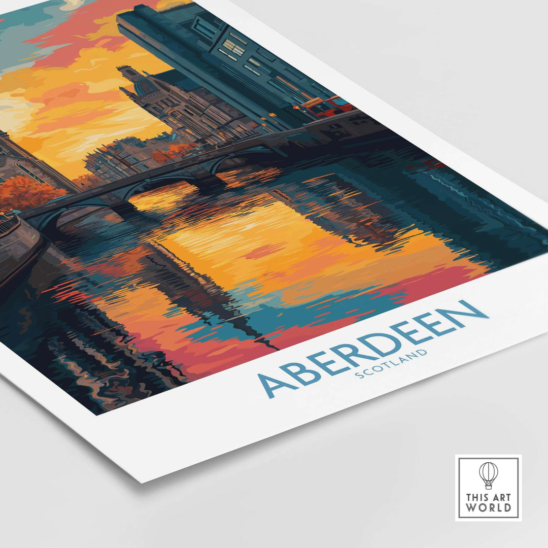 Aberdeen Scotland Cityscape Art Print | Travel Poster featuring a colorful sunset reflection on the water.