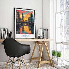 Aberdeen Scotland Cityscape Art Print | Travel Poster showcased in a stylish home office setting with modern decor.