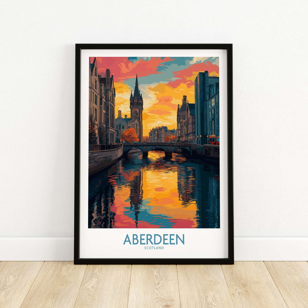 Aberdeen Scotland Cityscape Art Print | Travel Poster featuring a vibrant sunset over the city skyline reflected in the water.