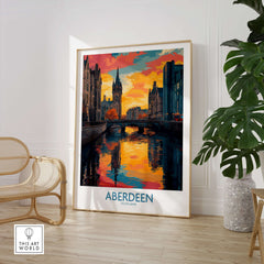 Aberdeen Scotland Cityscape Art Print | Travel Poster featuring colorful sunset over the city skyline.