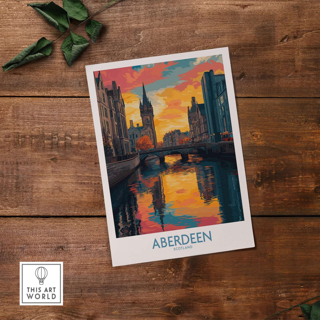 Aberdeen Scotland Cityscape Art Print | Travel Poster showcasing sunset reflection over a river in Aberdeen