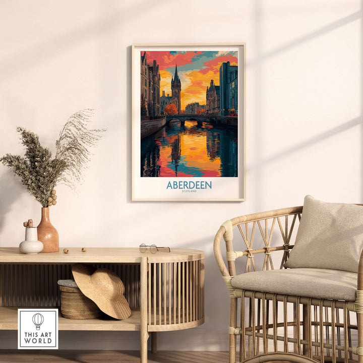 Aberdeen Scotland Cityscape Art Print | Travel Poster featuring a colorful skyline reflection on water.