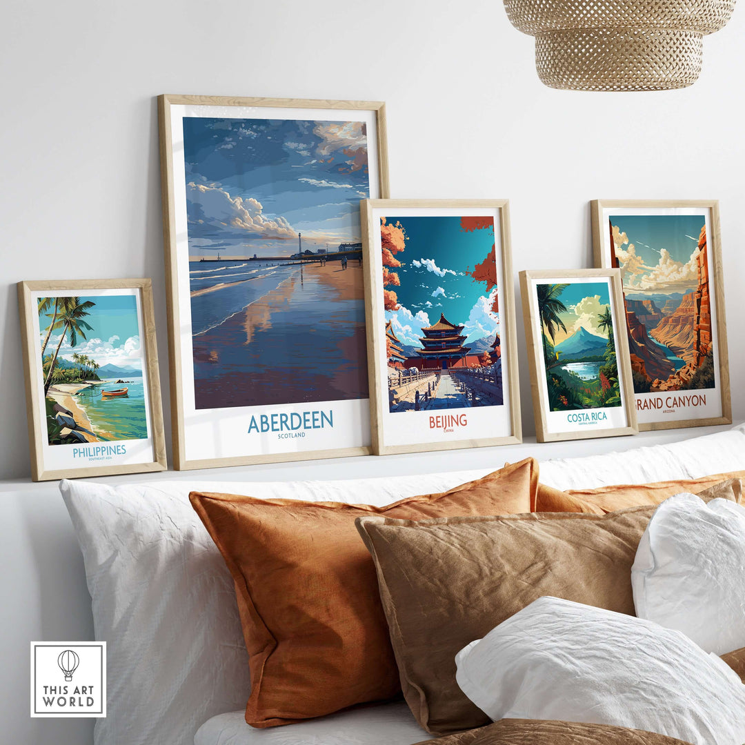 Aberdeen Scotland Beach Art Print | Coastal Travel Wall Decor displayed among other travel art prints on a decorative wall.
