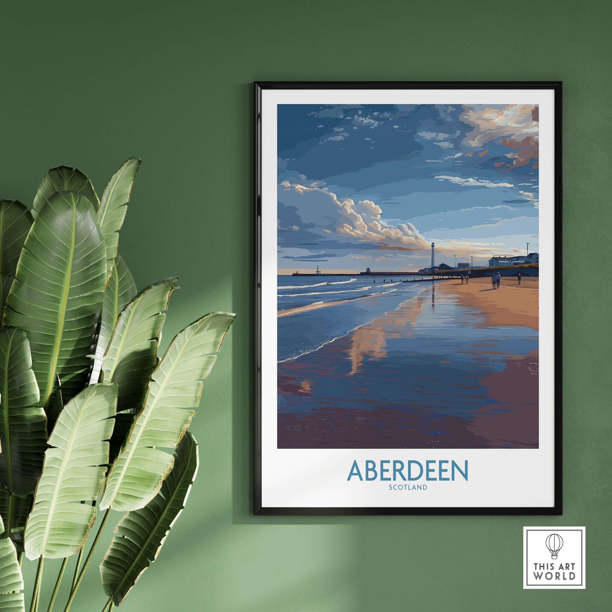 Aberdeen Scotland Beach Art Print | Coastal Travel Wall Decor framed on wall with greenery.