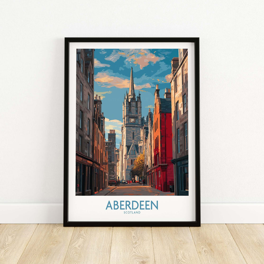 Aberdeen Scotland Colorful Old Town Art Print | Historic Architecture Travel Decor showcasing vibrant streets and historic buildings.