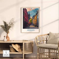 Aberdeen Scotland Colourful Old Town Street Print | Vibrant City Wall Art displayed in a stylish living room setting.