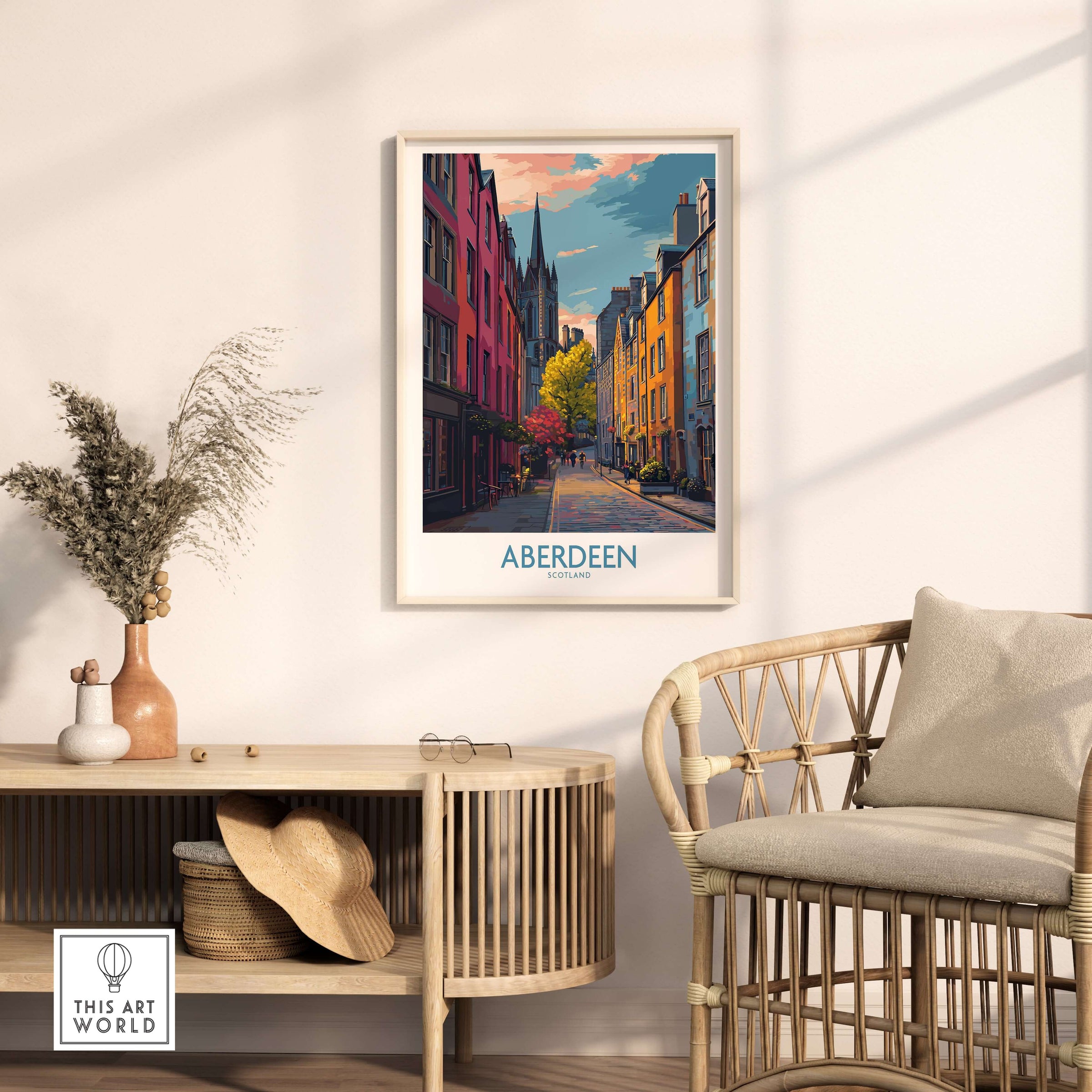 Aberdeen Scotland Colourful Old Town Street Print | Vibrant City Wall Art displayed in a stylish living room setting.