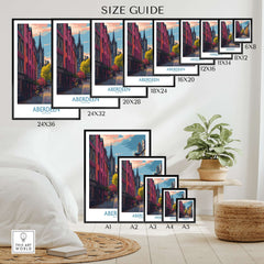 Aberdeen Scotland Colourful Old Town Street Print | Vibrant City Wall Art size guide showing various print sizes.