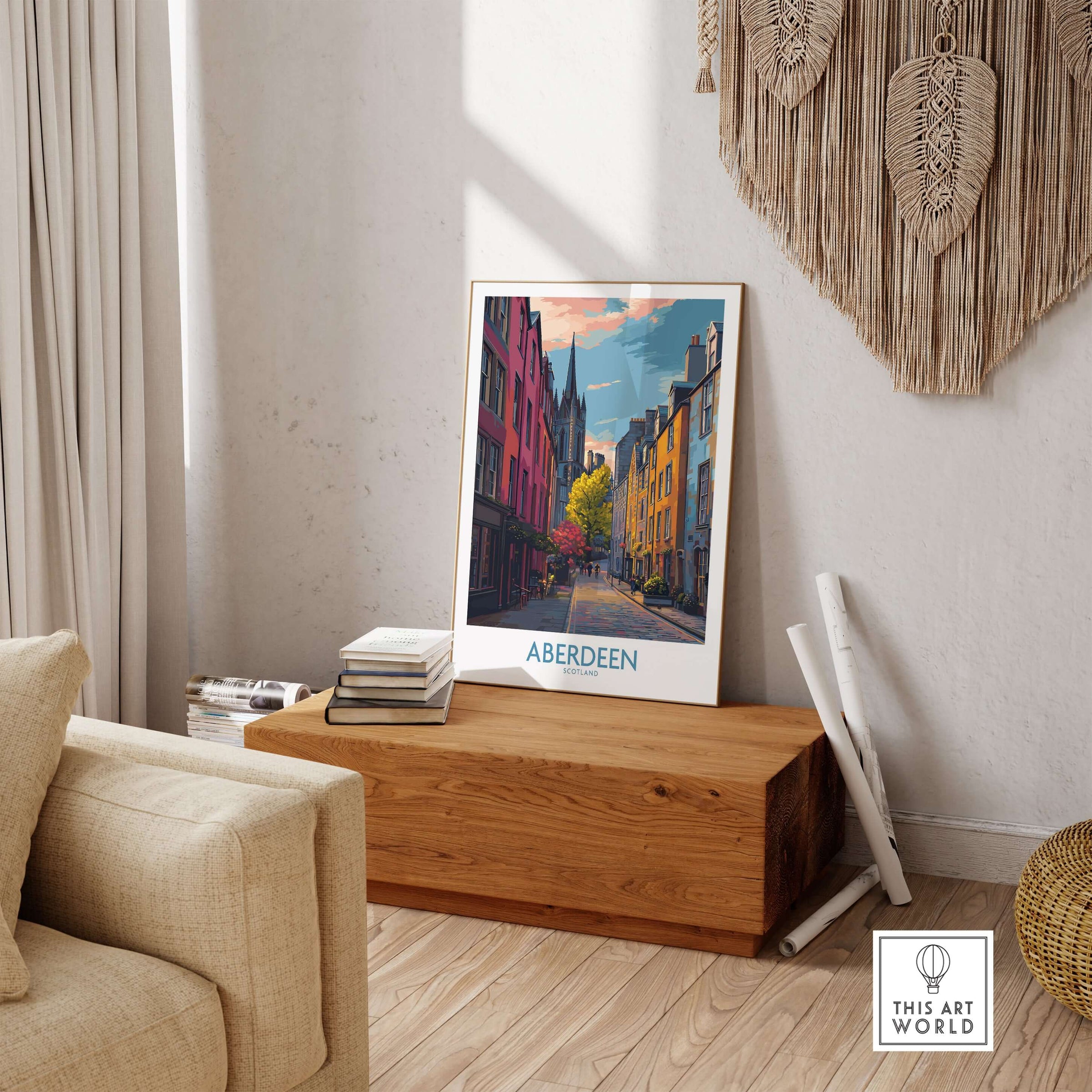 Aberdeen Scotland Colourful Old Town Street Print | Vibrant City Wall Art displayed in a chic room setting.