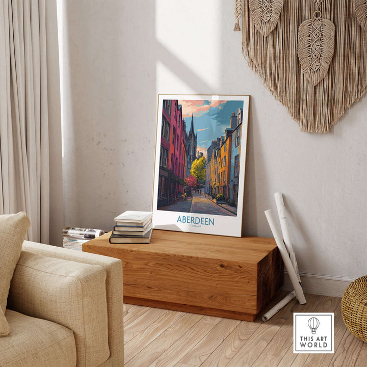 Aberdeen Scotland Colourful Old Town Street Print | Vibrant City Wall Art displayed in a cozy living room setting.