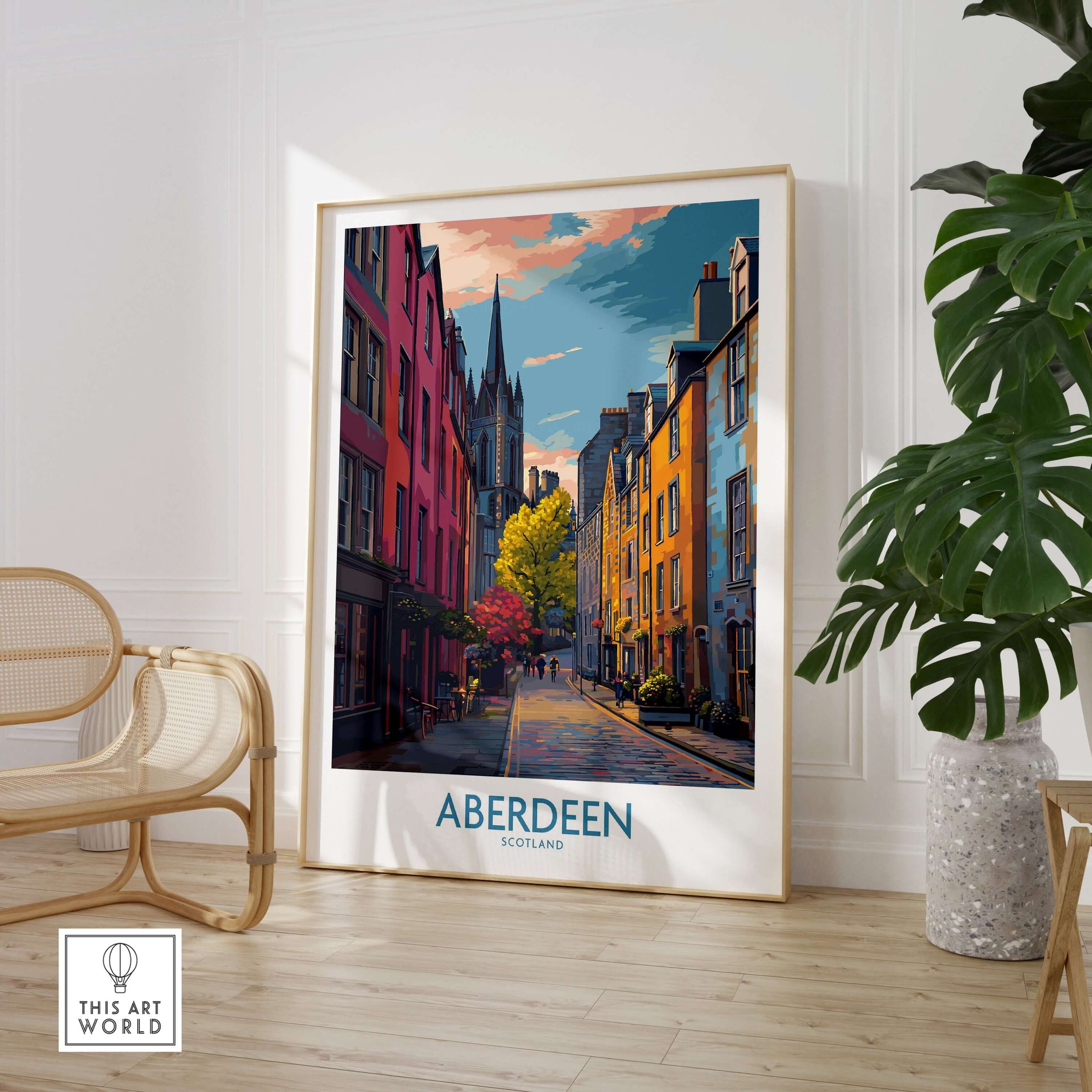 Aberdeen Scotland Colourful Old Town Street Print | Vibrant City Wall Art in a stylish interior setting.