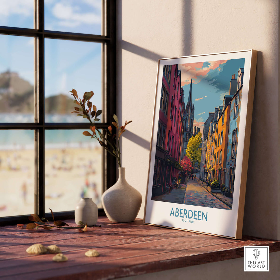 Aberdeen Scotland Colourful Old Town Street Print | Vibrant City Wall Art displayed on a shelf near a window.