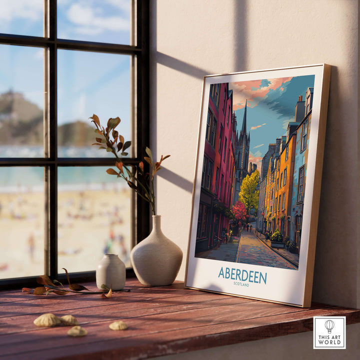 Aberdeen Scotland Colourful Old Town Street Print | Vibrant City Wall Art displayed on a shelf near a window.