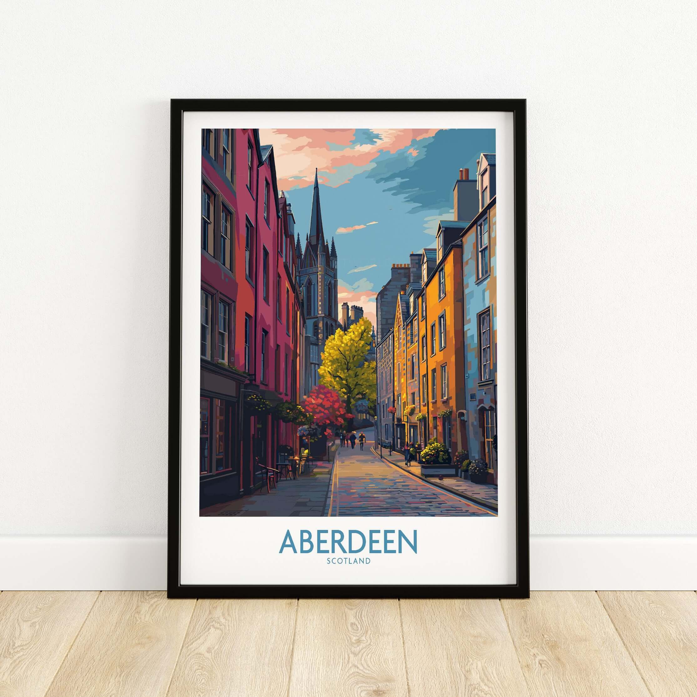 Aberdeen Scotland Colourful Old Town Street Print | Vibrant City Wall Art showcasing vibrant architecture and lively atmosphere.