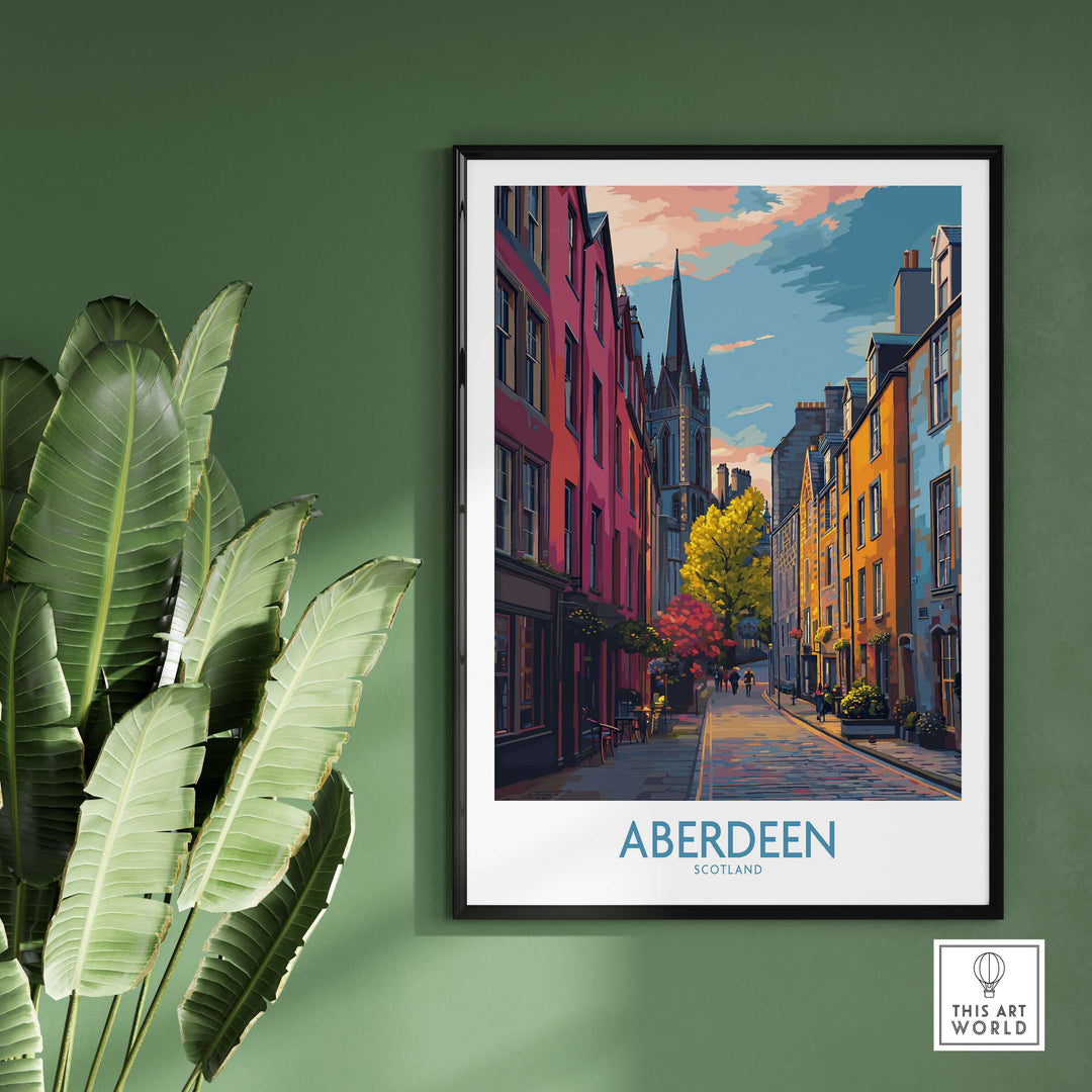 Aberdeen Scotland Colourful Old Town Street Print | Vibrant City Wall Art displayed in a green room with plants.