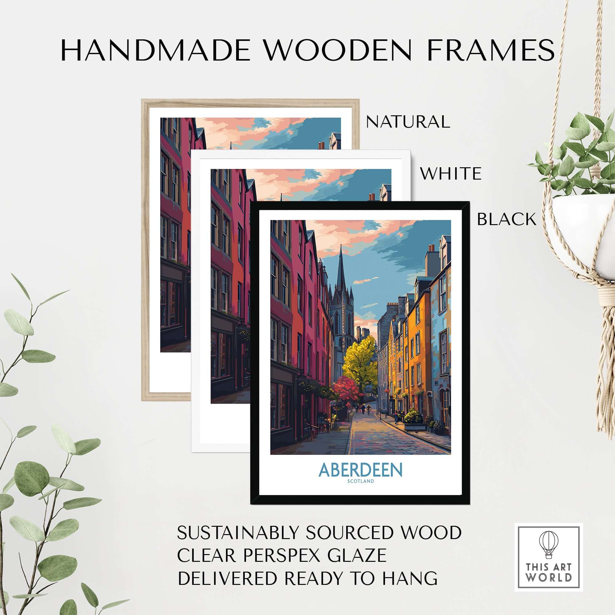 Handmade wooden frames in natural, white, and black for Aberdeen Scotland Colourful Old Town Street Print | Vibrant City Wall Art.