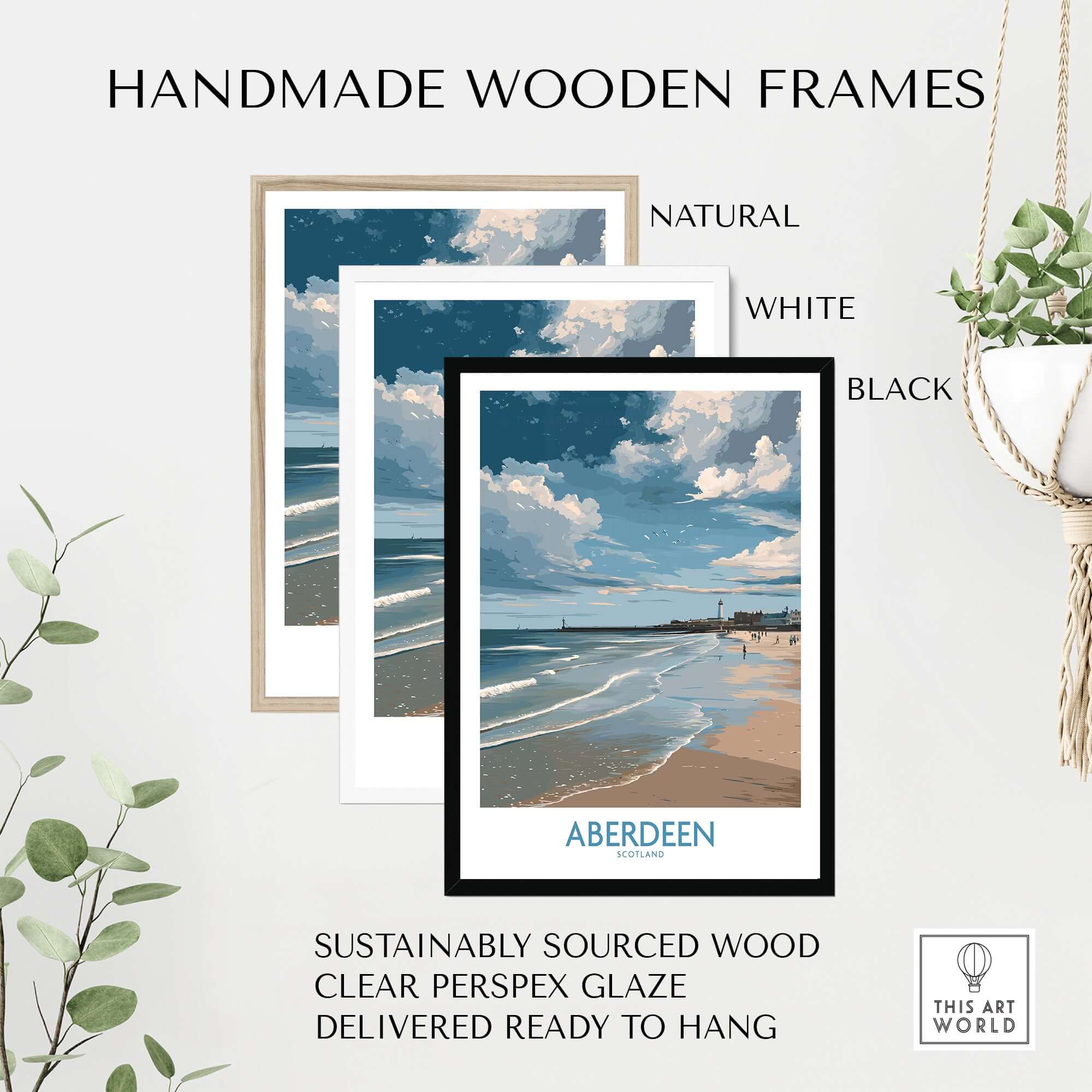 Handmade wooden frames in natural, white, and black for Aberdeen Scotland Bright Beach Scene Art Print | Coastal Poster.