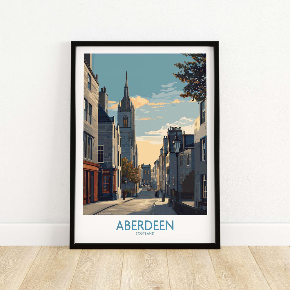Aberdeen Scotland Historic City Street Art Print | Vintage Style Travel Poster in a frame showcasing historic streets.