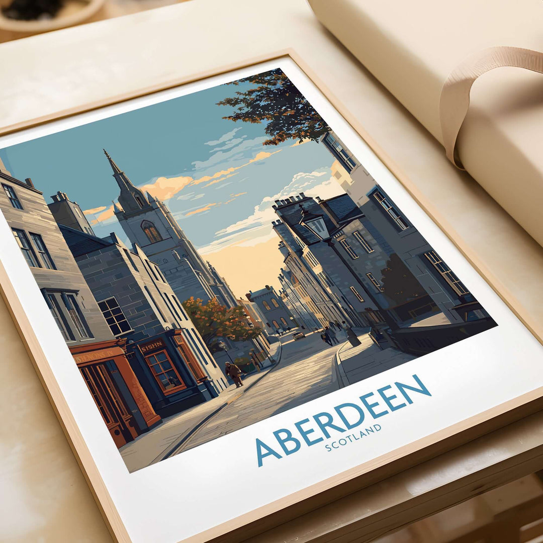 Aberdeen Scotland Historic City Street Art Print | Vintage Style Travel Poster showcasing historic streets in a charming design.