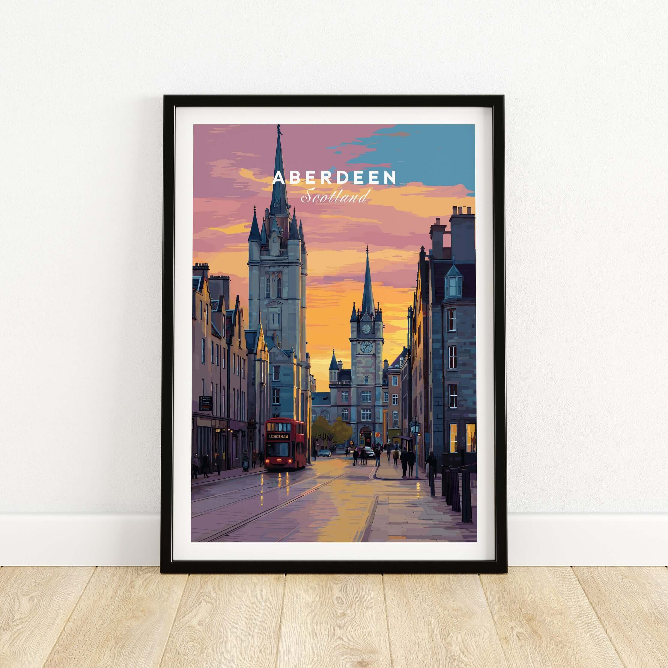 Aberdeen Poster | UK City Destination Wall Art featuring a vibrant street view of Aberdeen, Scotland at sunset.
