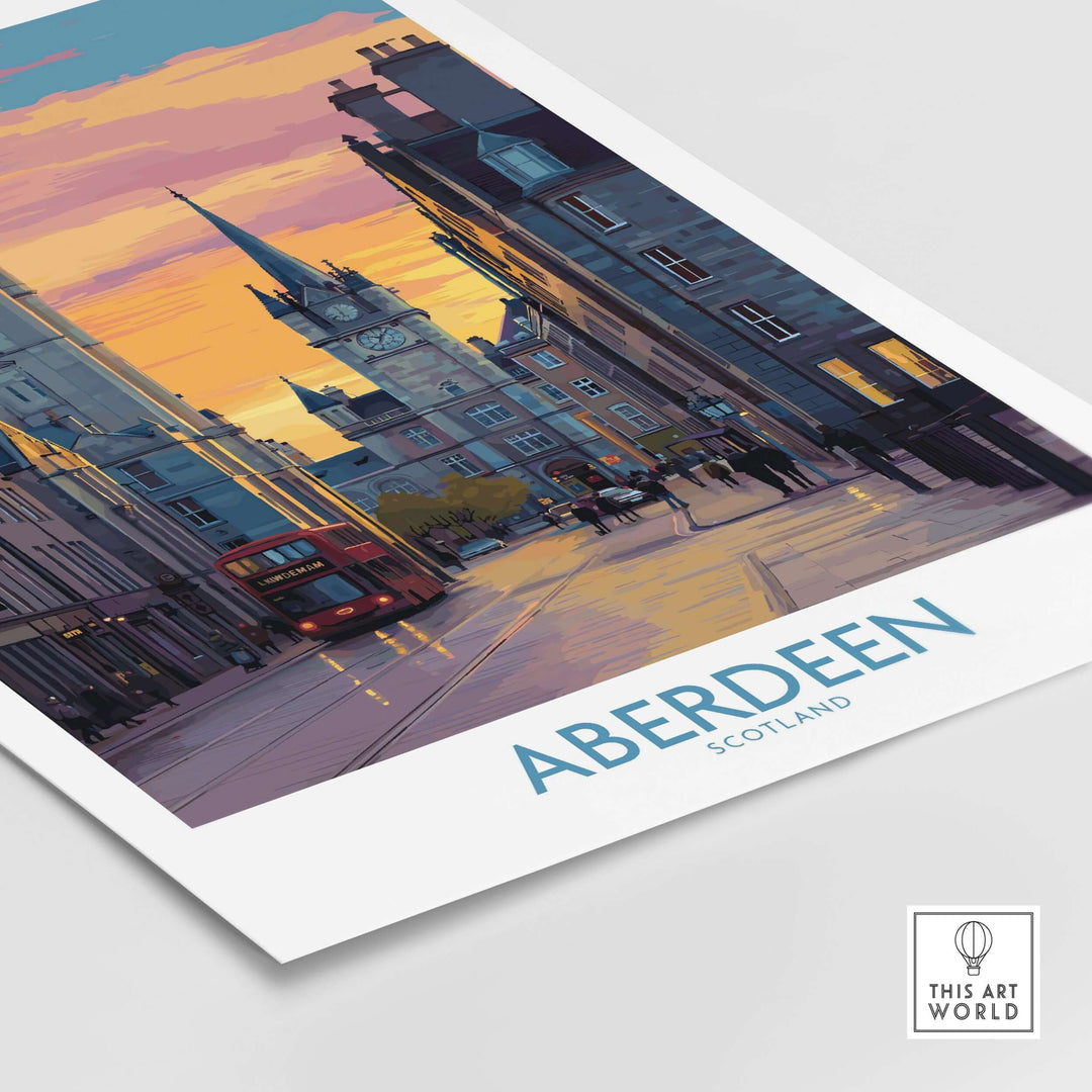 Aberdeen Scotland Sunset Art Print | Vibrant Cityscape Wall Poster showcasing vibrant sunset colors over city streets.