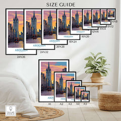 Aberdeen Scotland Sunset Art Print | Vibrant Cityscape Wall Poster size guide featuring various dimensions.
