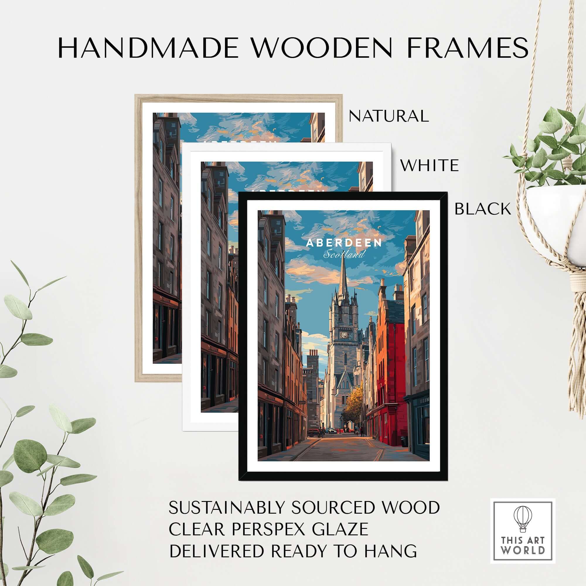 Aberdeen Poster | Scottish Cityscape Wall Art displayed in handmade wooden frames in natural, white, and black finishes.