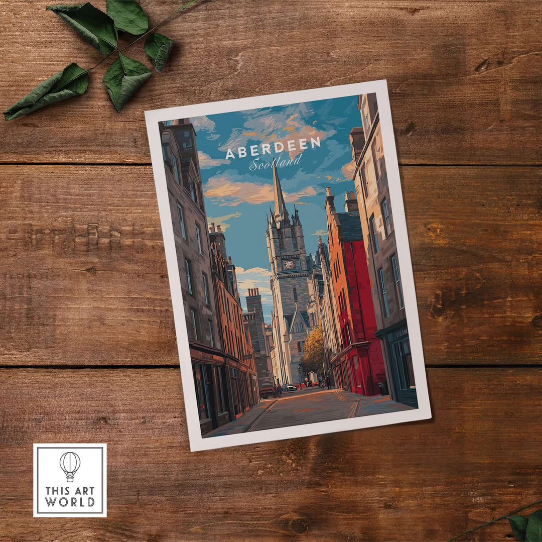 Aberdeen Poster | Scottish Cityscape Wall Art showcasing a vibrant street view in Aberdeen, Scotland with historic architecture.