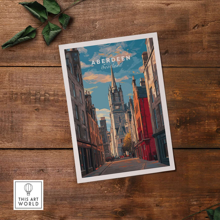 Aberdeen Poster | Scottish Cityscape Wall Art showcasing a vibrant street view in Aberdeen, Scotland with historic architecture.