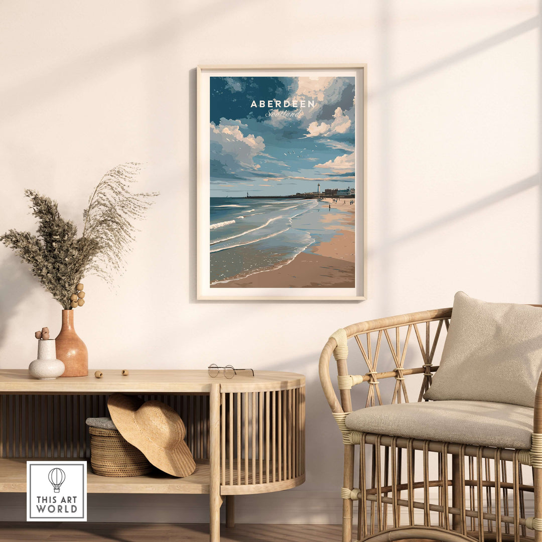 Aberdeen Seaview Beach Shoreline Print | Modern Scottish Travel Decor displayed in a cozy modern interior.