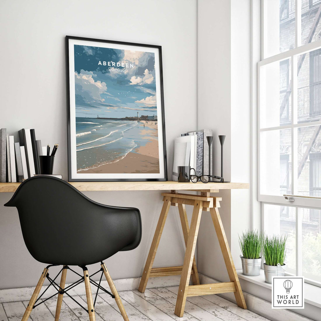 Aberdeen Seaview Beach Shoreline Print | Modern Scottish Travel Decor displayed in a contemporary workspace.