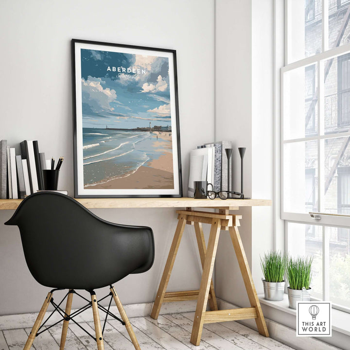 Aberdeen Seaview Beach Shoreline Print | Modern Scottish Travel Decor displayed in a contemporary workspace.