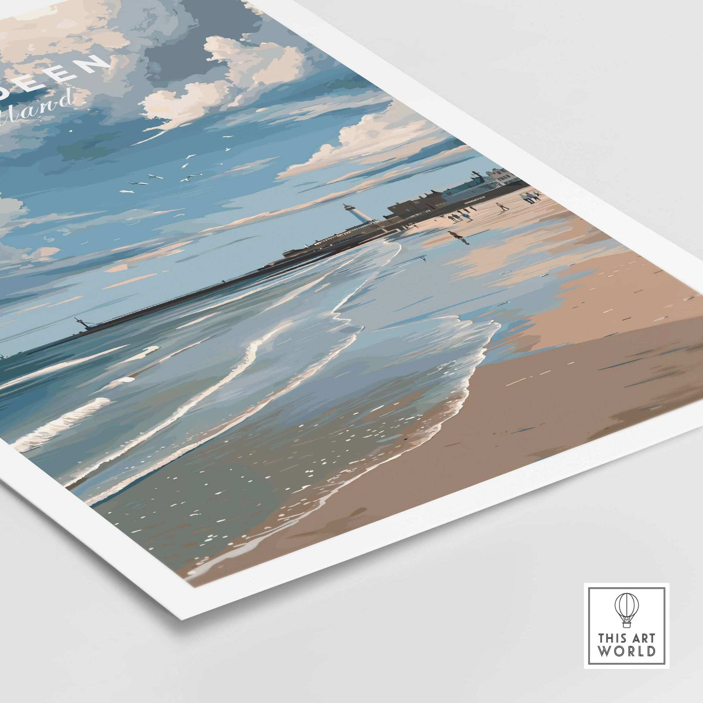 Aberdeen Seaview Beach Shoreline Print | Modern Scottish Travel Decor showcasing a coastal scene with waves and sky.