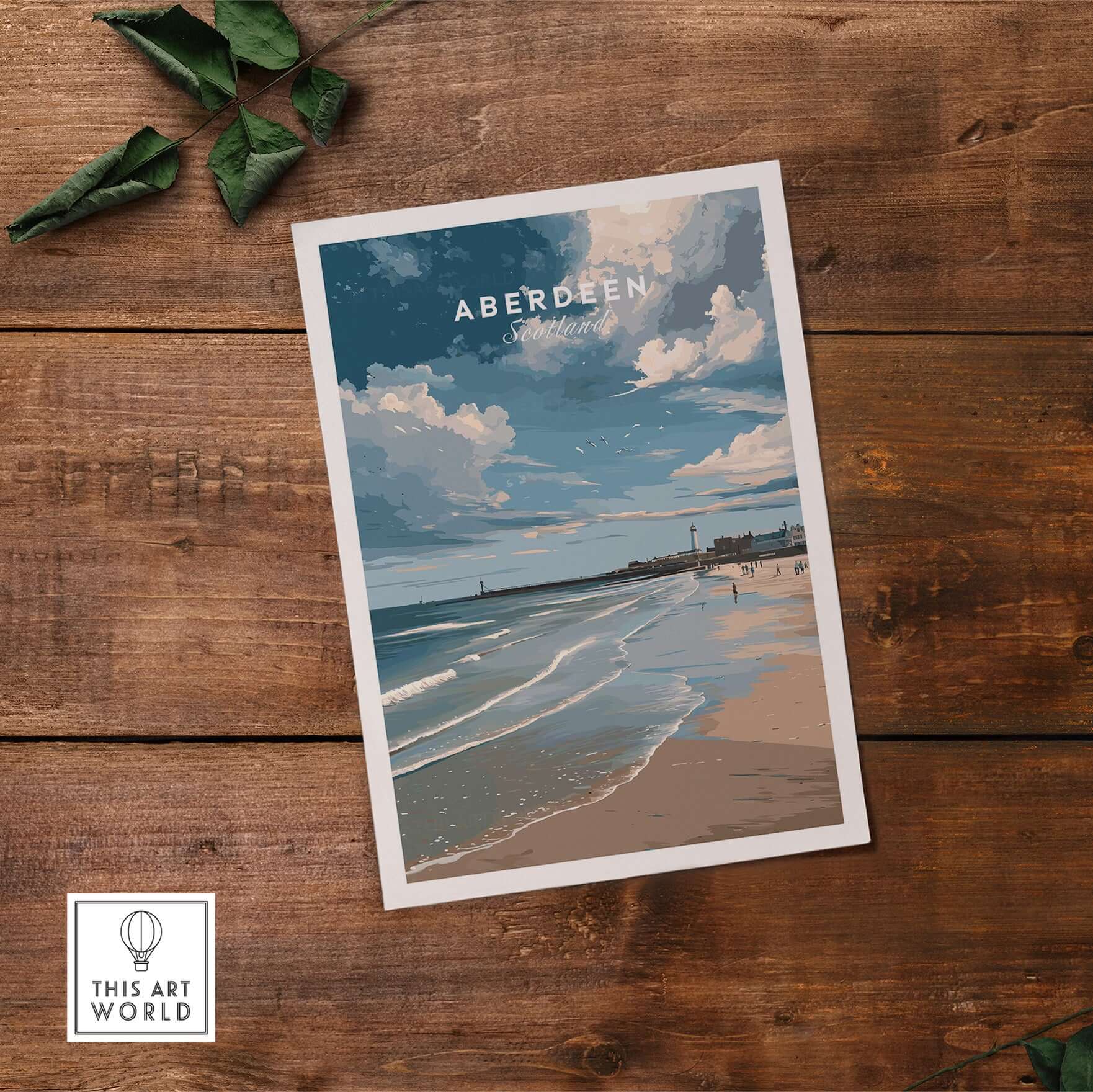 Aberdeen Seaview Beach Shoreline Print | Modern Scottish Travel Decor on wooden background