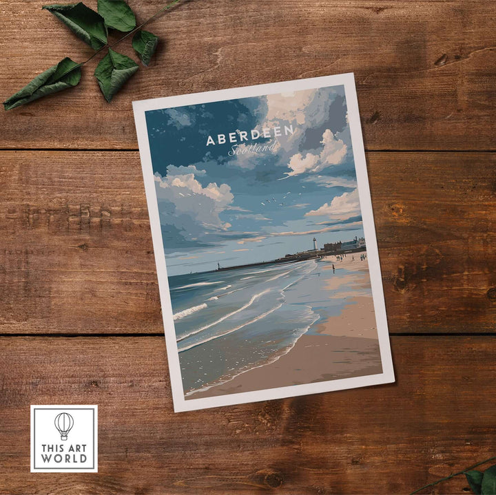 Aberdeen Seaview Beach Shoreline Print | Modern Scottish Travel Decor artwork on wood surface.