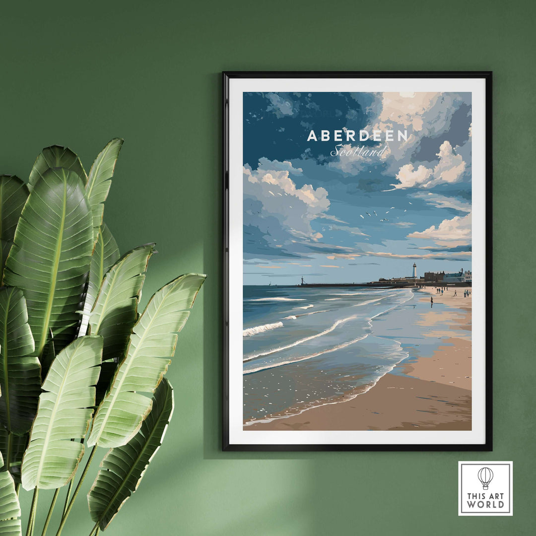 Aberdeen Seaview Beach Shoreline Print | Modern Scottish Travel Decor featuring coastal scenery and beach details.