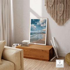 Aberdeen Seaview Beach Shoreline Print | Modern Scottish Travel Decor displayed in a stylish modern living room.