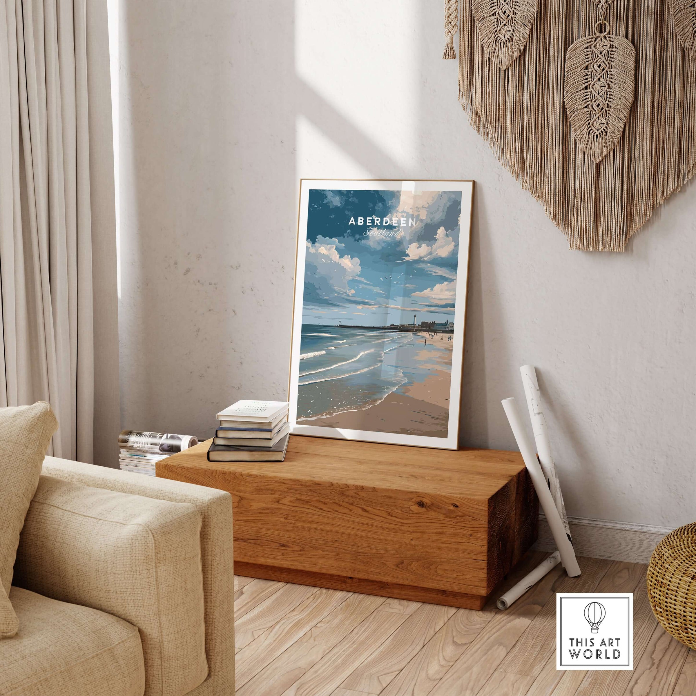 Aberdeen Seaview Beach Shoreline Print | Modern Scottish Travel Decor displayed in a stylish modern living room.