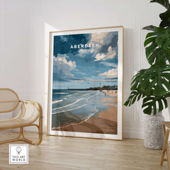 Aberdeen Seaview Beach Shoreline Print | Modern Scottish Travel Decor in stylish living room setting