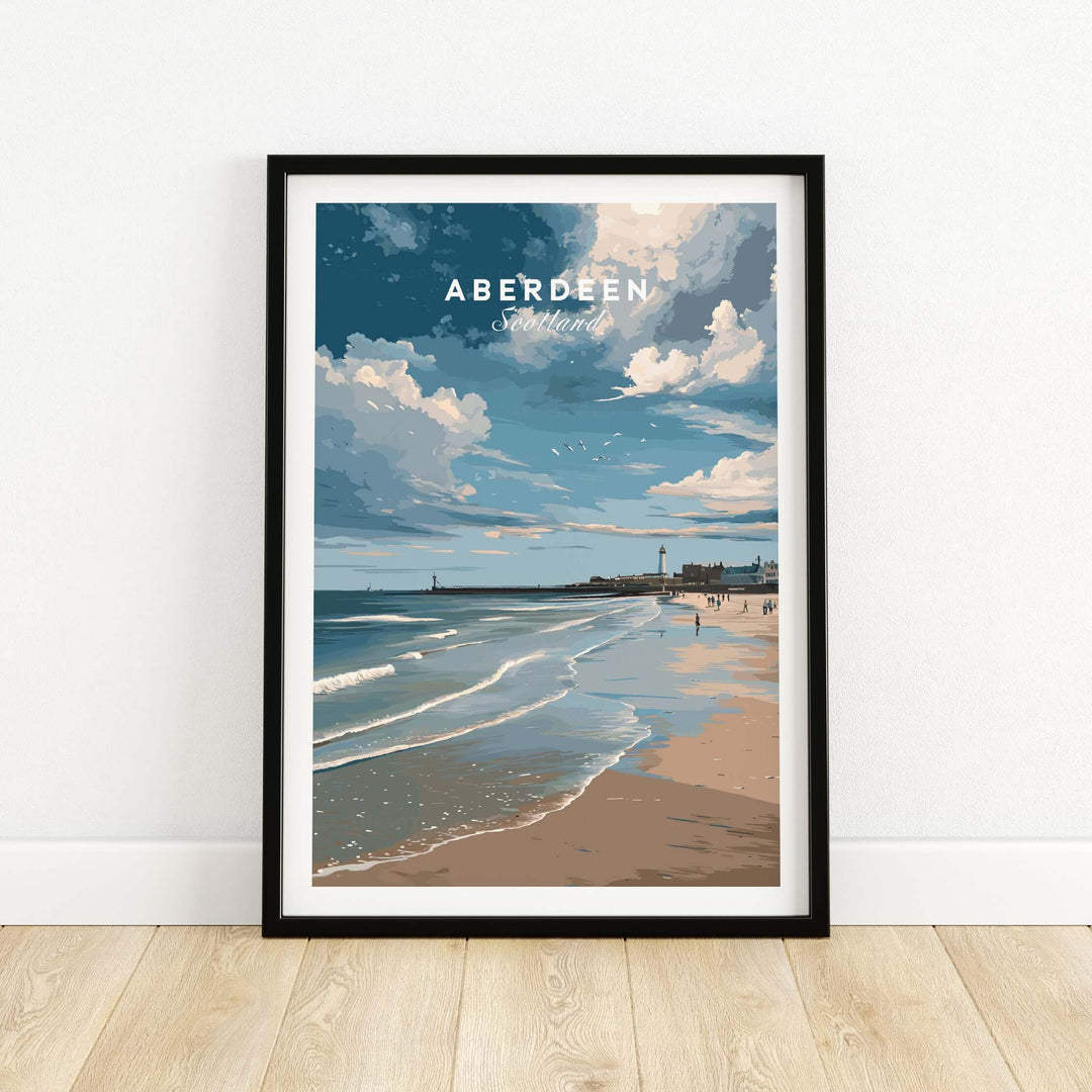 Aberdeen Seaview Beach Shoreline Print | Modern Scottish Travel Decor in a stylish frame on a wooden floor.