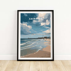 Aberdeen Seaview Beach Shoreline Print | Modern Scottish Travel Decor framed artwork depicting scenic beach view.
