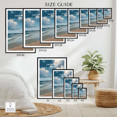 Aberdeen Seaview Beach Shoreline Print | Modern Scottish Travel Decor size guide showcasing various frame sizes.
