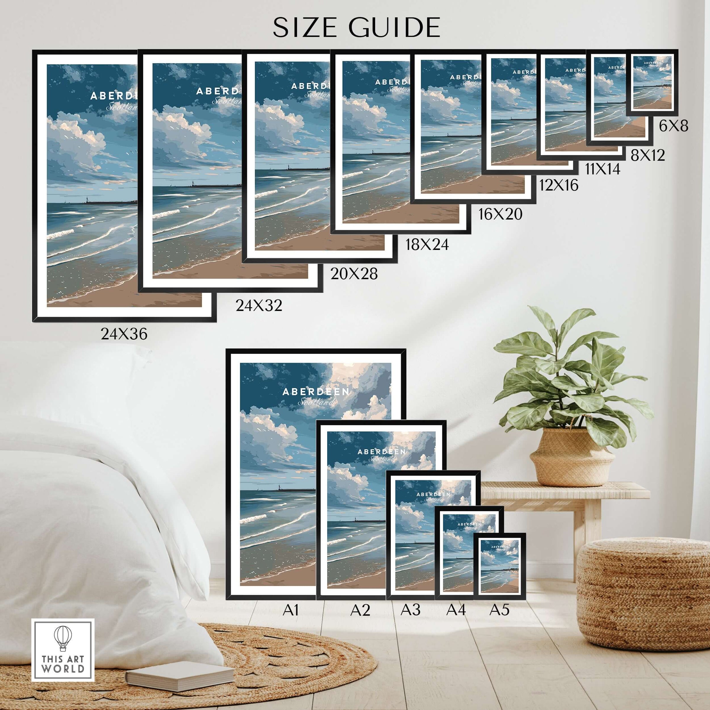 Aberdeen Seaview Beach Shoreline Print | Modern Scottish Travel Decor size guide showcasing various frame sizes.