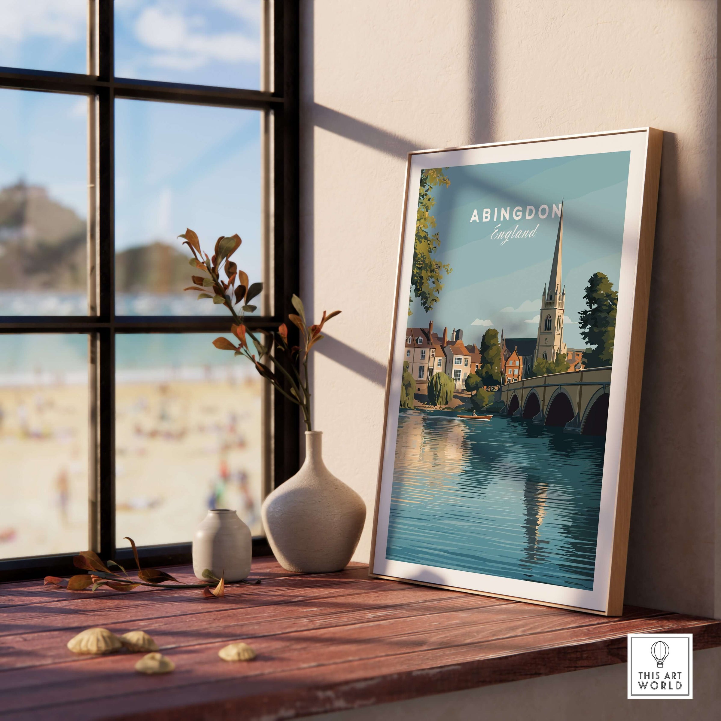 Abingdon England Travel Poster - Historic Thames Riverside Wall Art Print displayed in a stylish interior near a window.