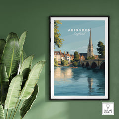 Abingdon England Travel Poster - Historic Thames Riverside Wall Art Print featuring a scenic view of the Thames river.