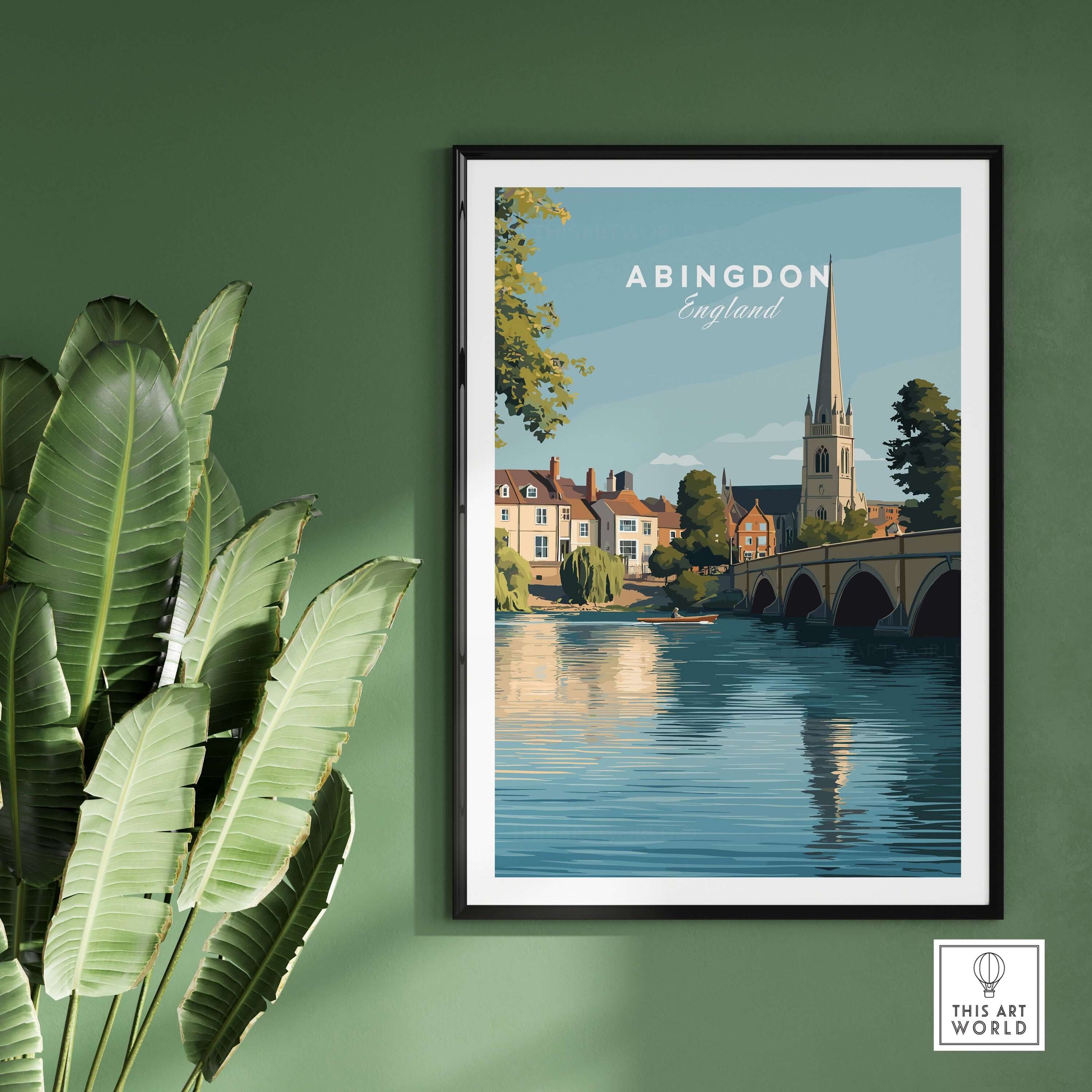 Abingdon England Travel Poster - Historic Thames Riverside Wall Art Print featuring a scenic view of the Thames river.