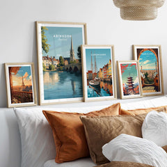 Abingdon England Travel Poster - Historic Thames Riverside Wall Art Print displayed on a stylish living room wall.