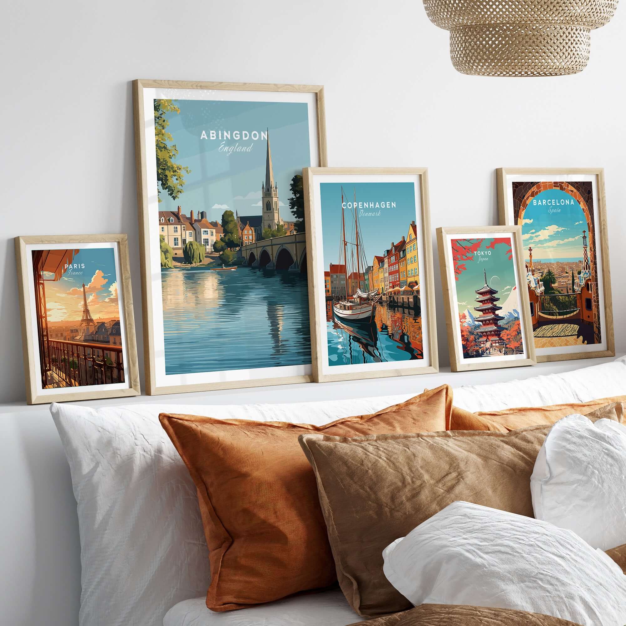 Abingdon England Travel Poster - Historic Thames Riverside Wall Art Print displayed on a stylish living room wall.